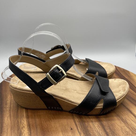 Dansko Sandals Womens 11.5/42 Black Leather Wedge Slingback Comfort Shoes Buckle - Picture 1 of 8